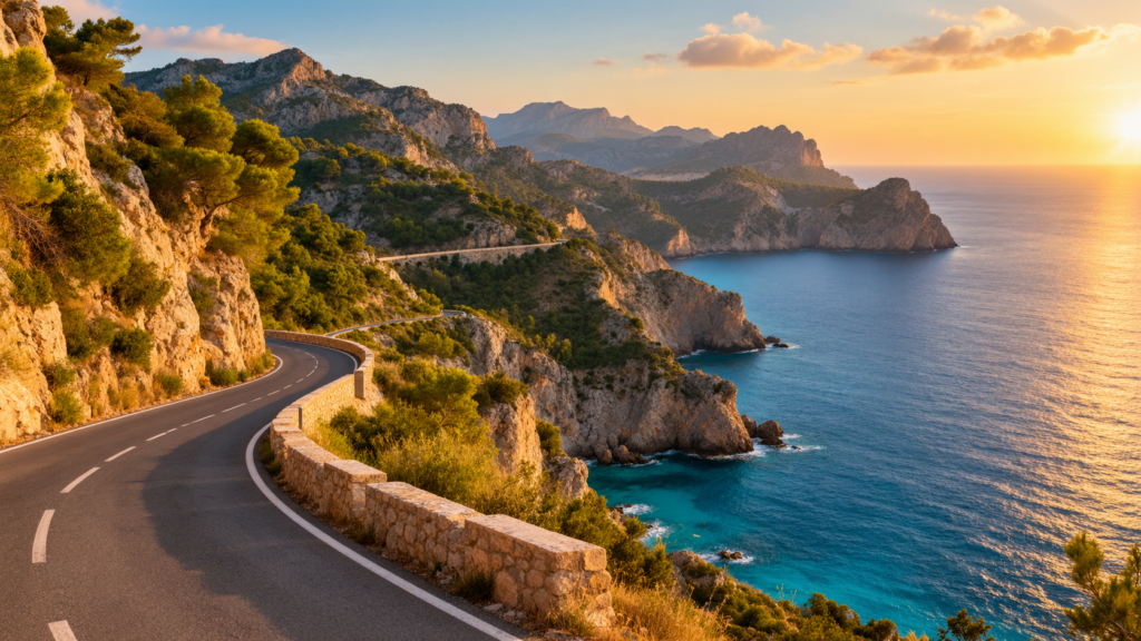 Carretera de la Sierra de Tramuntana junto a los acantilados en una ruta por Mallorca en coche