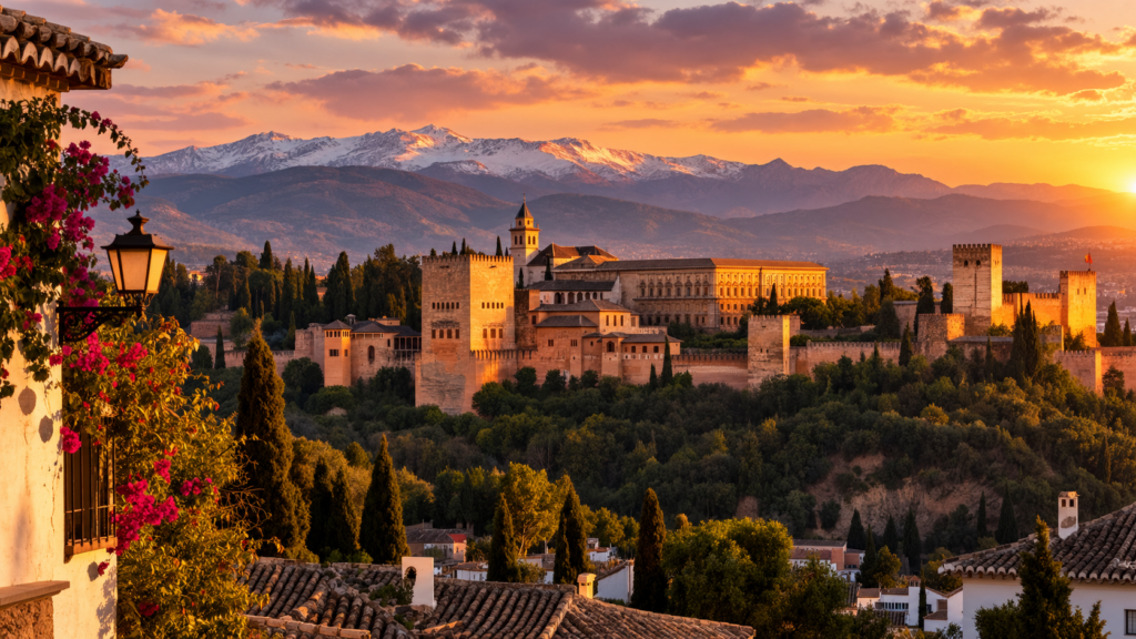 Vista panorámica de la Alhambra de Granada y Sierra Nevada al atardecer en una ruta de 3 días