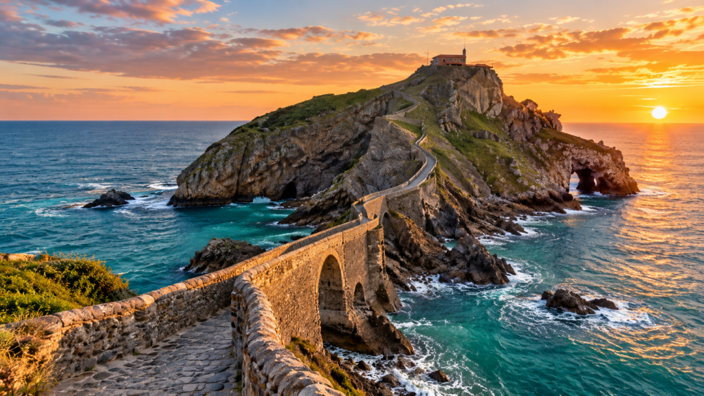 Vista del camino de piedra de San Juan de Gaztelugatxe en una ruta por la Costa Vasca desde Bilbao